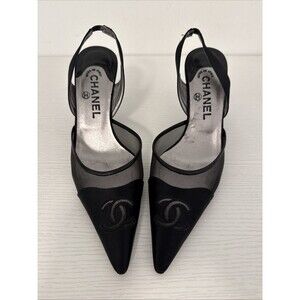 Chanel EU 39.5 Vintage Lagerfeld CC Logo Mesh Pointed CapToe Slingback Authentic